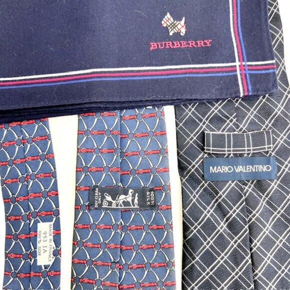Set 2 Neckties: Hermès Geometric &  Mario Valentino +1 Burberry Handkerchief(51) - Picture 6 of 16